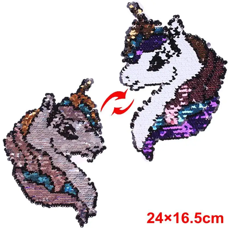 Prajna Unicorn Stickers Patches Reversible Change Color Sequins Patches For Clothing Cartoon Decoration Colorful Applique Jacket