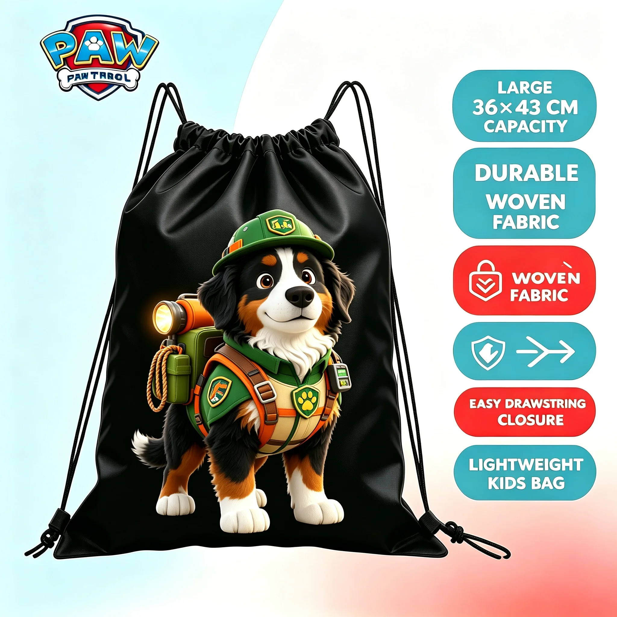 Paw Patrol Adventure Themed Drawstring Backpack 36×43cm Polyester Kids Gym Sack Lightweight Portable Storage Bag Gift For Young Paw Patrol Fans