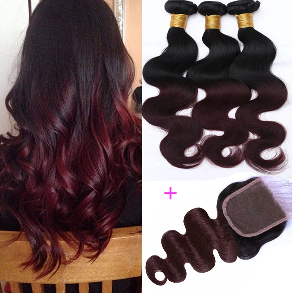 Burgundy Bundles With Closure Body Wave Ombre Bundles With Closure 1B/99J Two Tone Human Hair Weave Colored Bundles With Closure