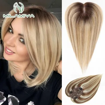 วิกผมแบบคลิปเส้นผมมนุษย์แท้สำหรับผู้หญิงผมปลอมปิดด้านบนผมสีน้ำตาลสำหรับผู้หญิงกิ๊บติดบนผมปลอมสำหรับที่ยืดผมผู้หญิง