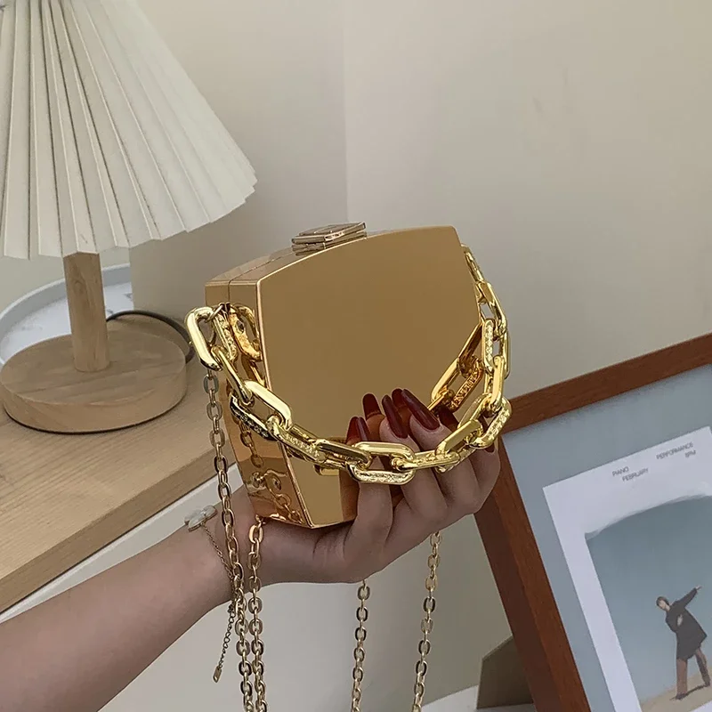 2022 Trend Designer Clutch Bag Gold Silver PVC Box Design Party Evening Chain Shoulder Crossbody Bags Mini torebki i torebki — zdjęcie 2