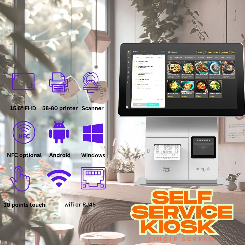 Self Service KIOSK 15,6" FHD, Android ou Windows com Impressora, scanner, tela sensível ao toque de 10 pontos, Android ou Windows