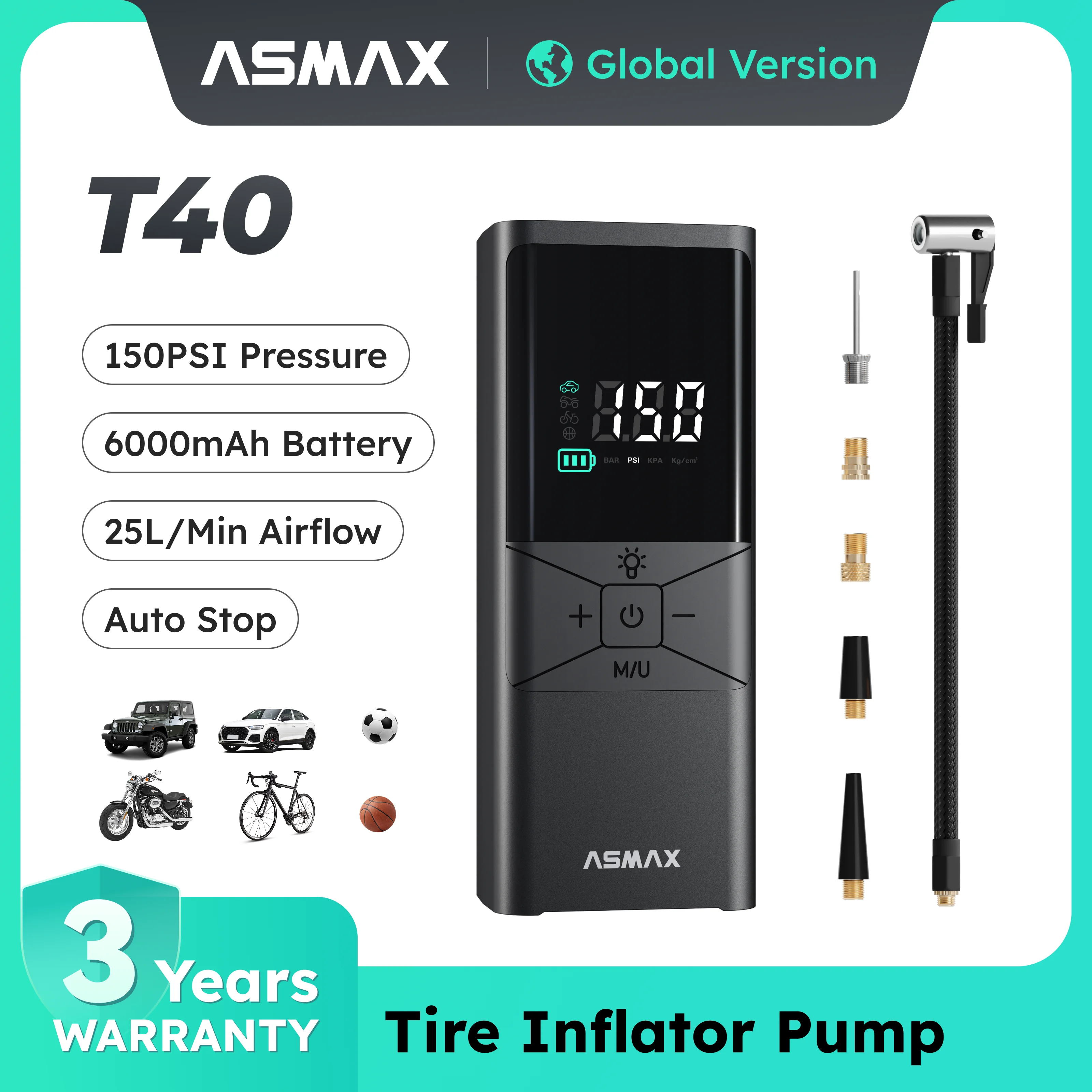 asmax-t40-compresseur-d'air-portable-pour-pneus-150-psi-6000-mah-rechargeable-avec-ecran-led-et-surveillance-de-la-pression-en-temps-reel