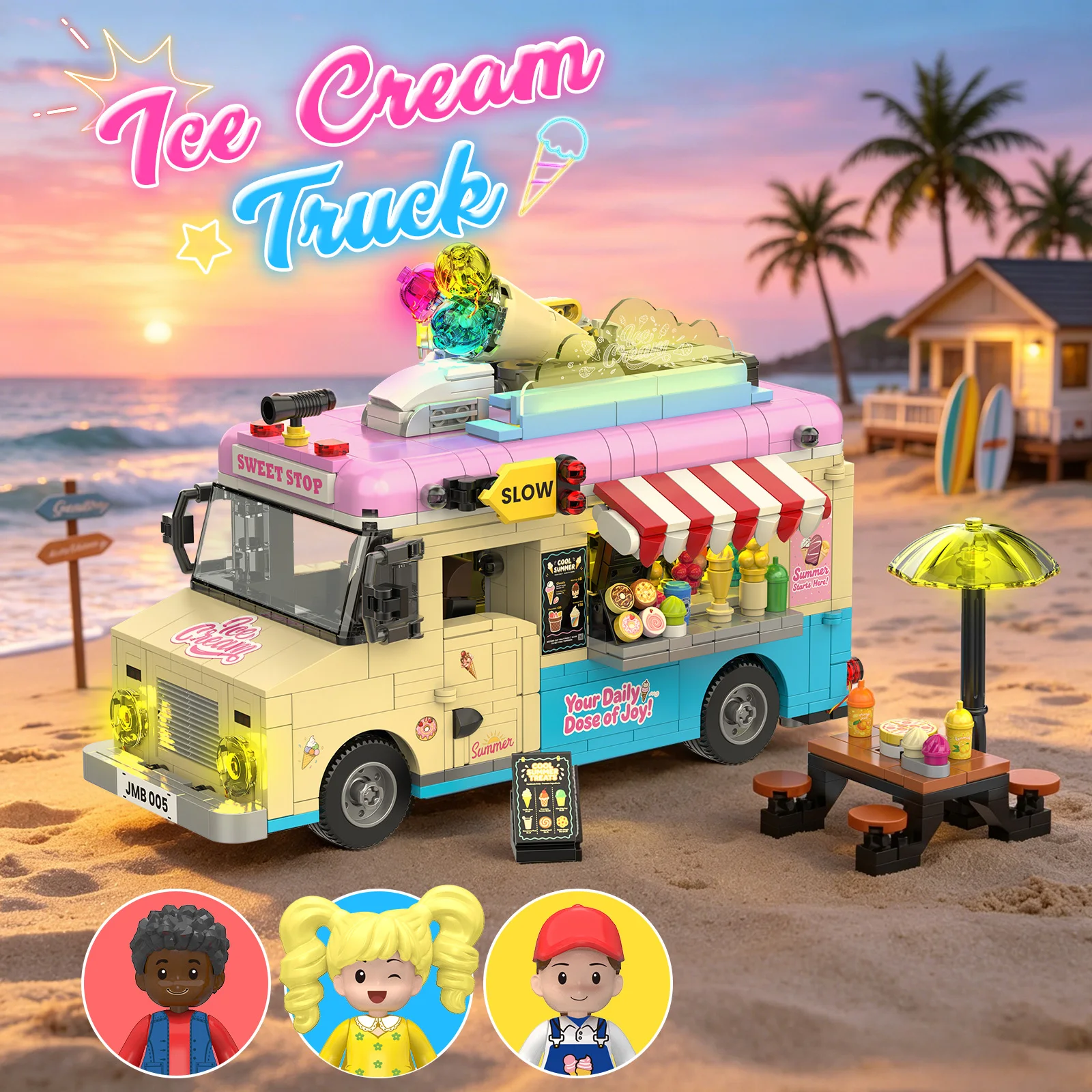 JMBricklayer 1207PCS LED Ice Cream Truck Building Blocks Set Type-C Rechargeable Retro Street Food Cart Model Kit for Adults Girls Home Decor Display Birthday Gift Summer Candy Room Decor Compatible Bricks Collectible Playset Food Truck