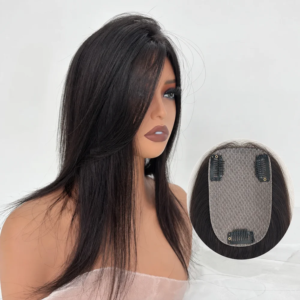 Dark Brown 100% Human Hair Topper 8x12cm 40cm Length with Silk Base and Realistic Skin-Like Scalp Designed for Women
