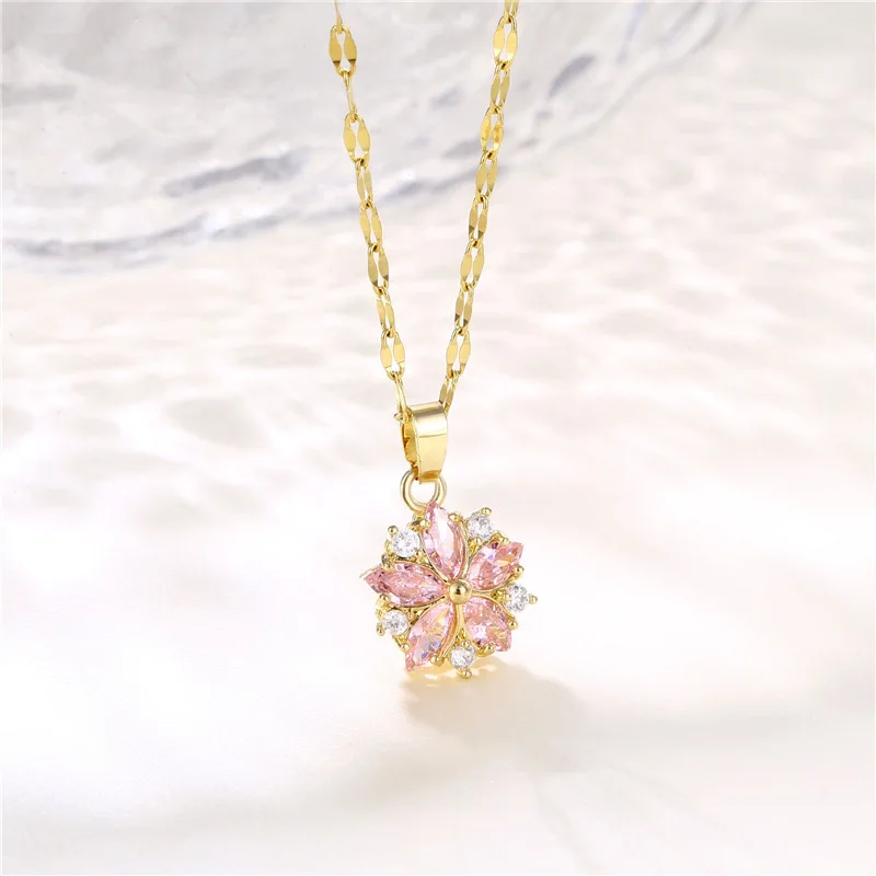 

Gold Plated Pink Flower Pendant Necklace – Dainty Sakura-Inspired Jewelry with CZ Crystals