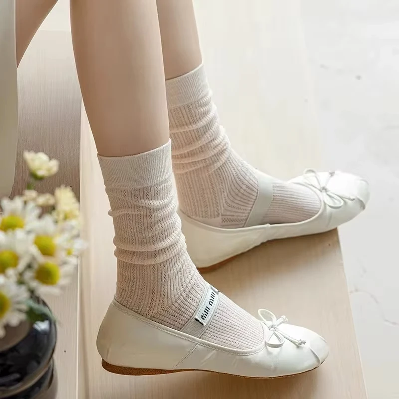 

2 Pairs Women Thin Hollow Out Long Loose Socks JK Lolita Sweet Girls Japanese Solid Color Breathable Cotton Spring Summer Stocki