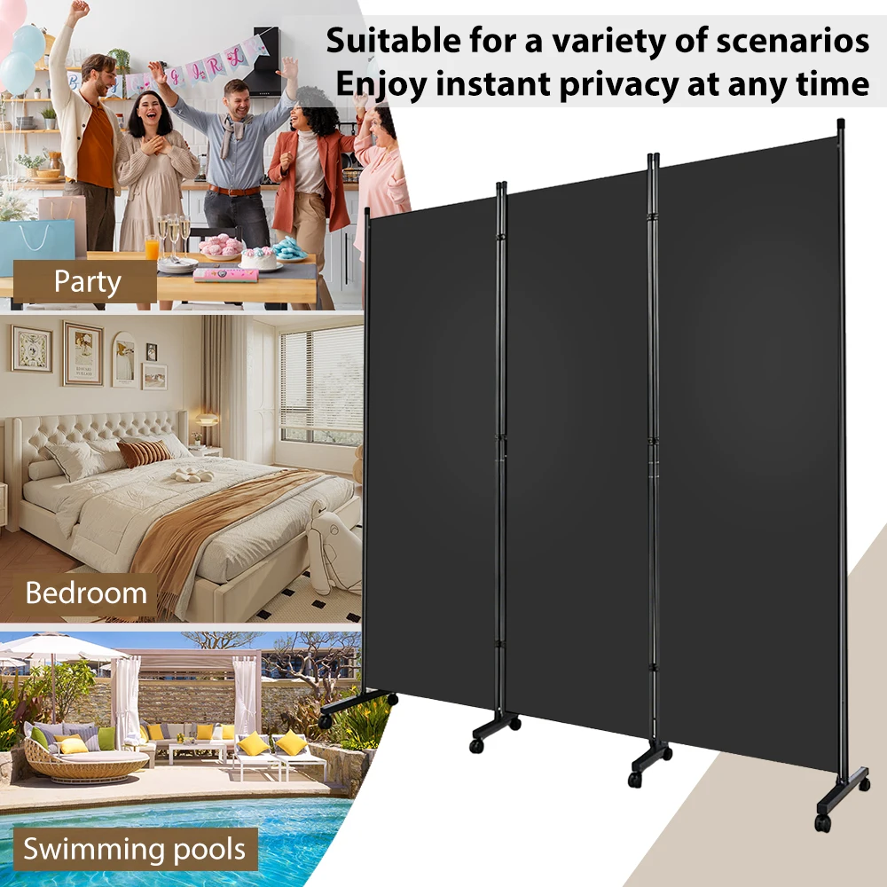 Image 6: Paravent pliable multifonctionnel, mobile avec roulettes verrouillables, supports stables, pour bureau, patio, séparateur de salon