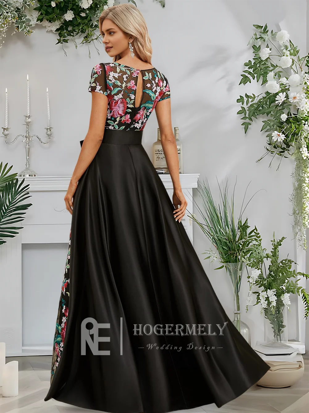 Elegantes Abendkleid für Damen, bodenlang, Satin, florale Spitze, A-Linie, mit umwandelbarer Schleife, U-Ausschnitt, Ballkleid für Hochzeit, Party