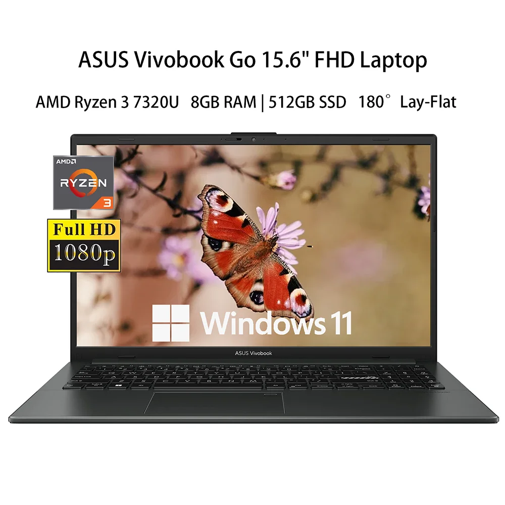 ASUS Vivobook Go 15.6" FHD Laptop, 2024 Newest Business Laptop, AMD Ryzen 3 7320U, 8GB RAM, 512GB SSD, 180° Lay-Flat, Black