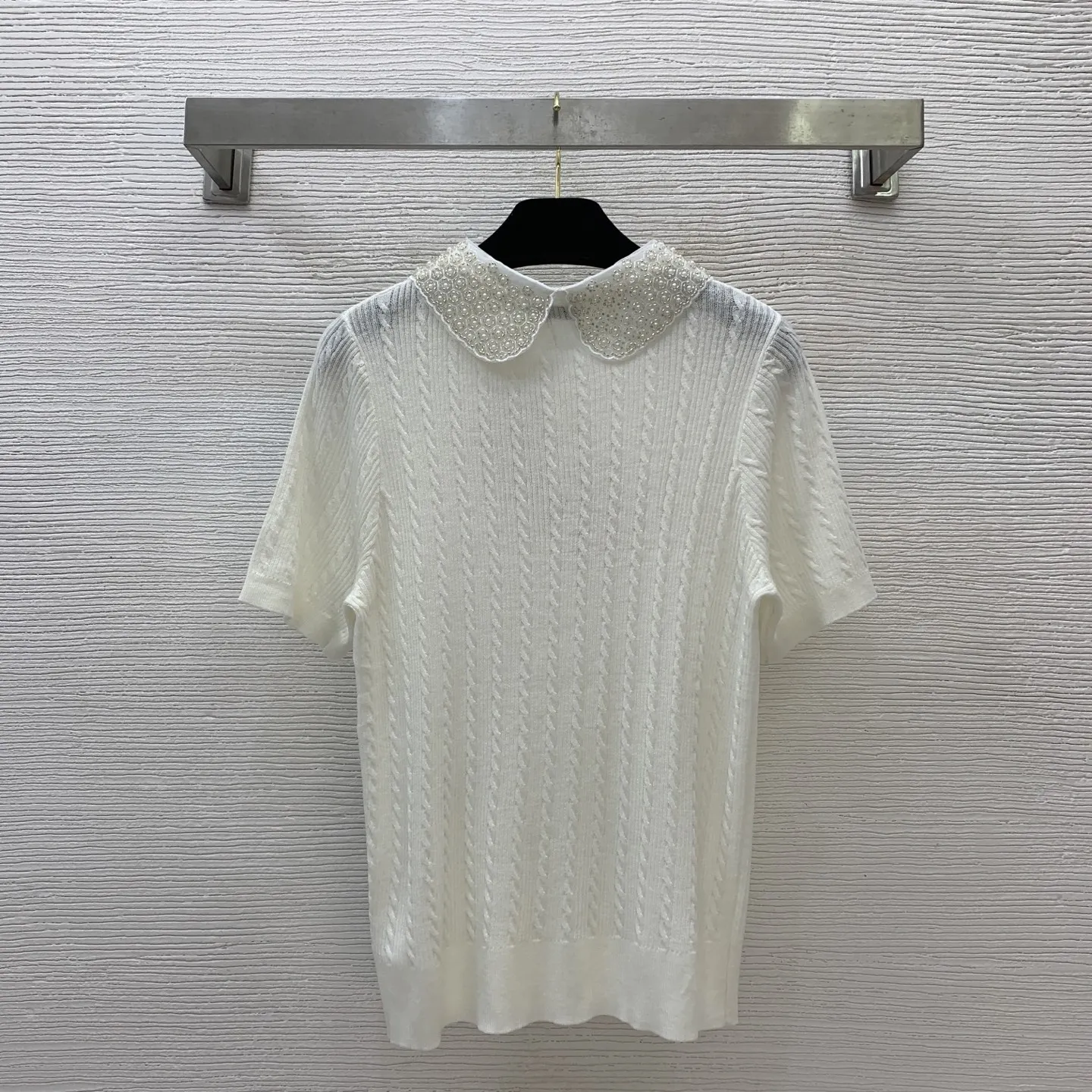 

Women's new vertical pattern diamond inlaid pearl doll collar buttoned placket short sleeved elastic knitted shirt top