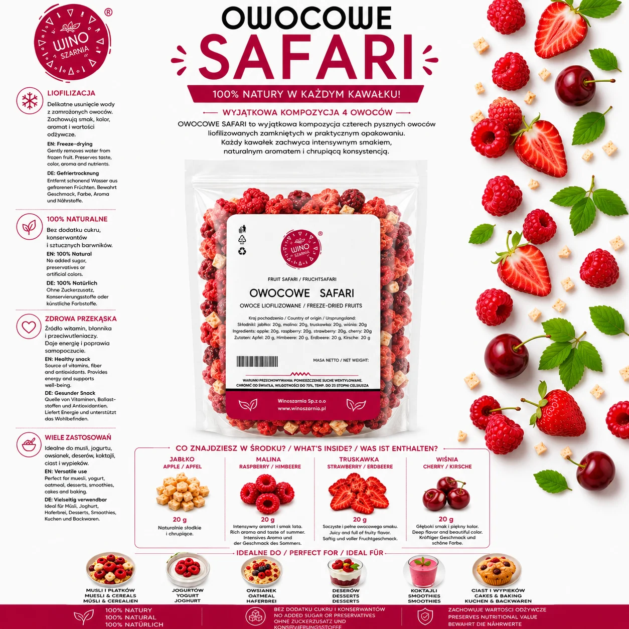 Immagine 6: Mix di frutta liofilizzata Safari: Mela, Lampone, Fragola, Ciliegia 80g Doypack