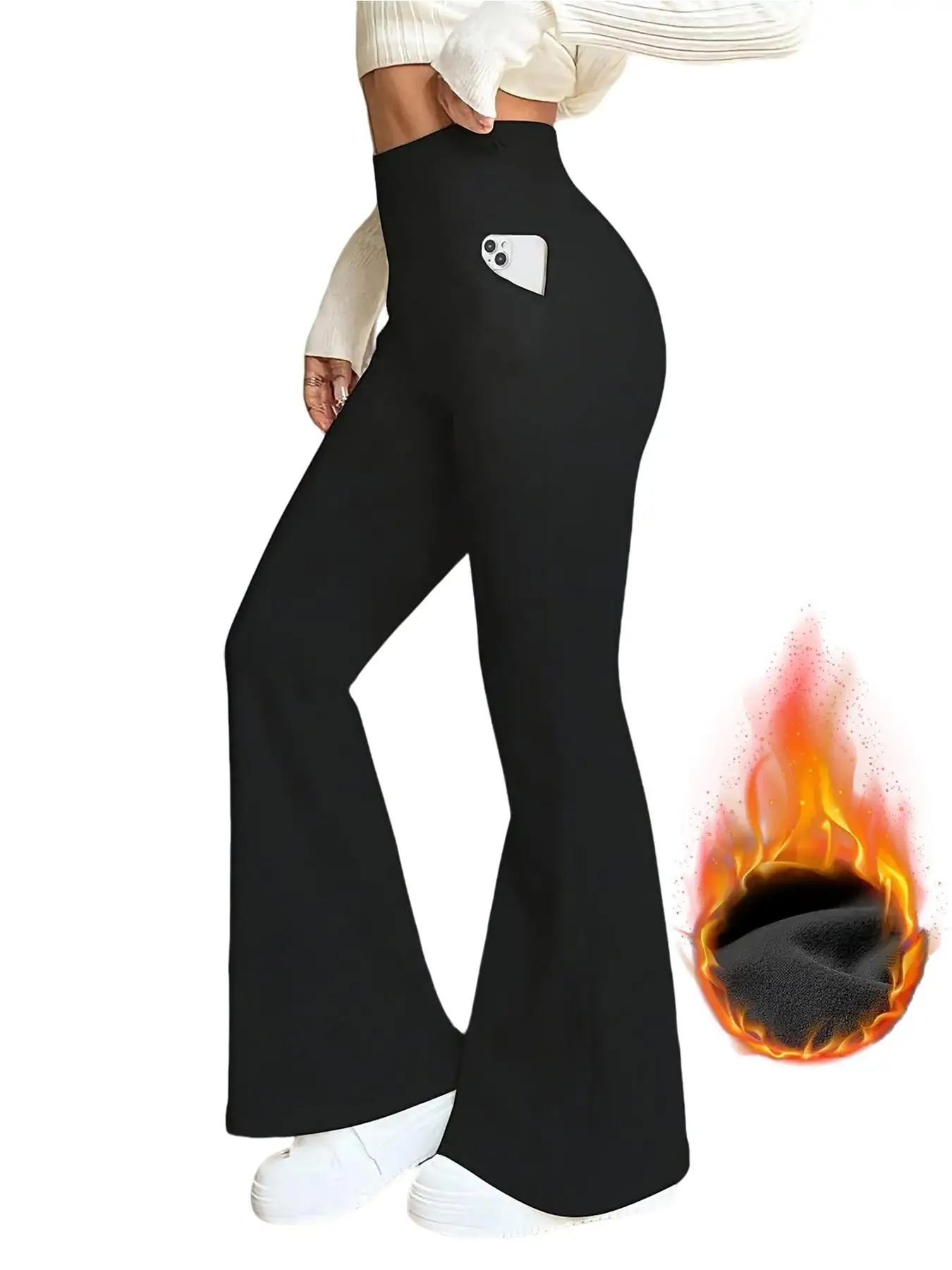بنطال نسائي أسود عالي الخصر - بنطال دافئ مرن ناعم مع جيوب، مقاس مريح، تصميم أنيق، ملابس كاجوال