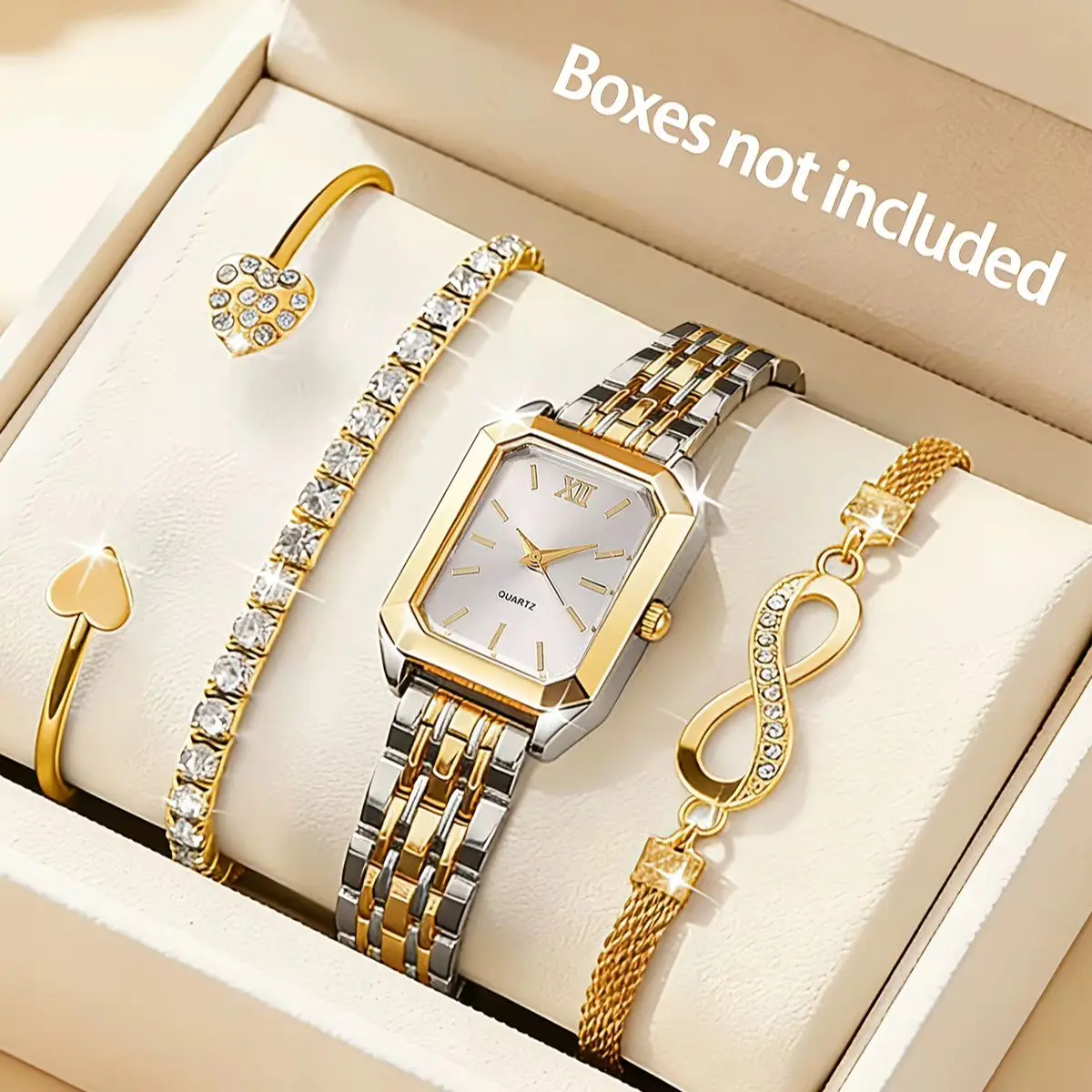 4-piece set, elegant women's square quartz watch with bracelet set, featuring a classic minimalist design, is an excellent gift choice.