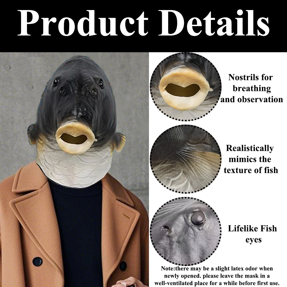 Realistic Latex Fish Masks for Adults Animal Head Mask Halloween Costume Headwear Props Masquerade Party Dress Up Decors image 3