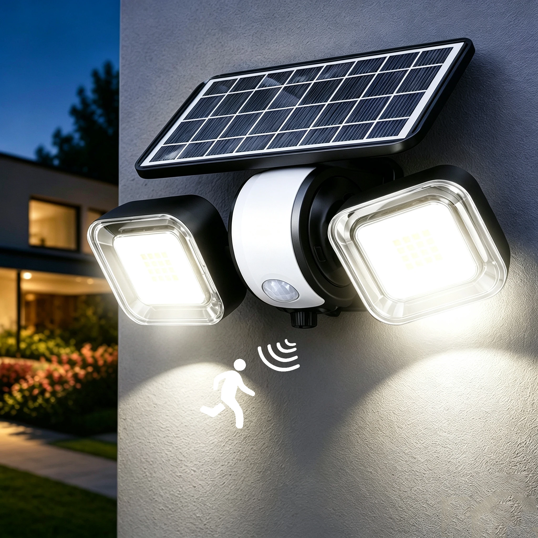 Lureshine Solar-Bewegungssensorlampe für den Außenbereich, LED-Sicherheitsflutlicht, 2-Kopf-Solarlampe, IP65 wasserdicht, wiederaufladbare Wandleuchte, 2000mAh, für Garten, Eingang, Garage, Veranda,