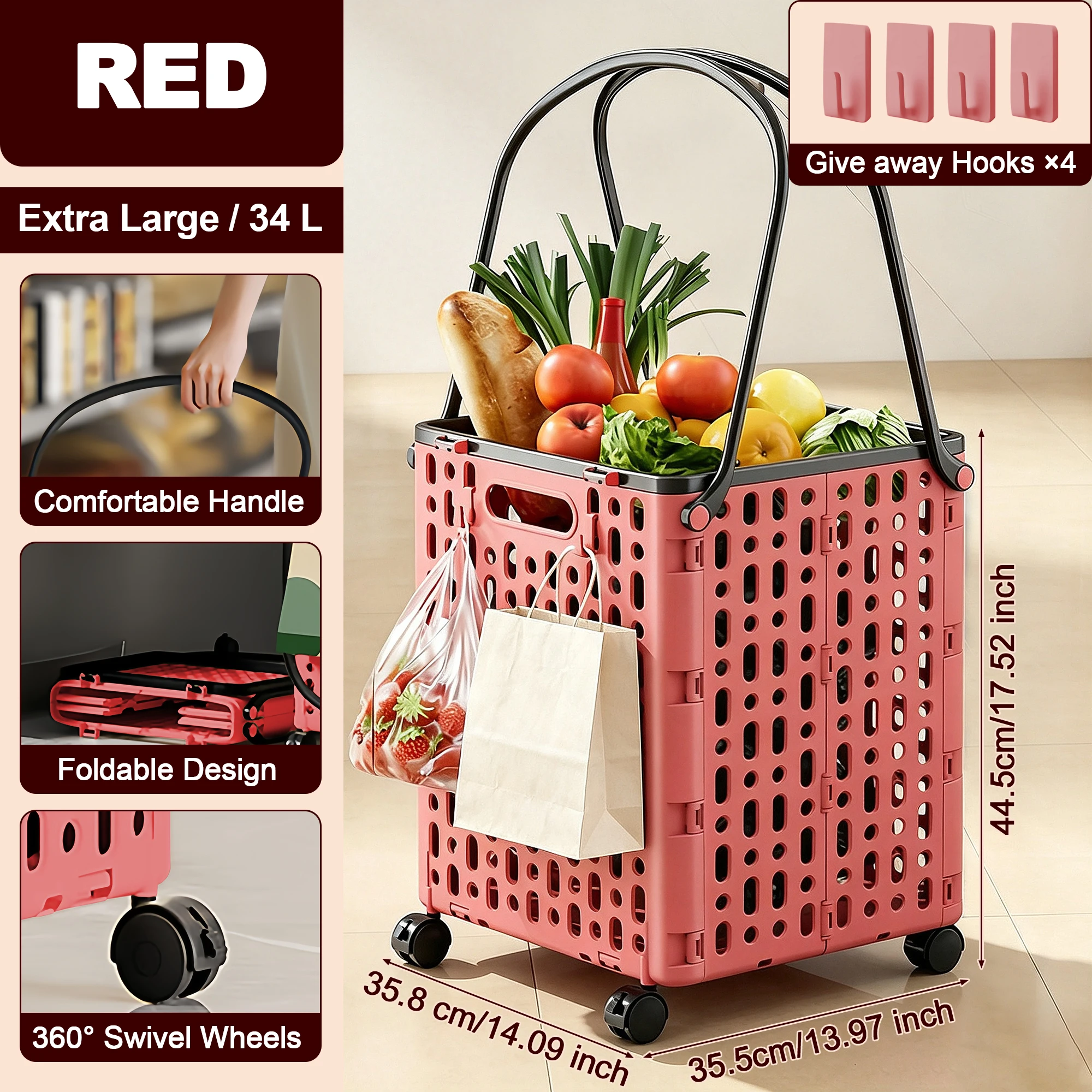 Large Capacity Foldable Hand Cart with 4 Wheels & Handle - Lightweight Portable Shopping Cart & Storage Trolley for Grocery, Market, Laundry, Camping, Travel, Beach, Outdoor and Home Use, Space Saving Design, Heavy Loads, Cream / Red
