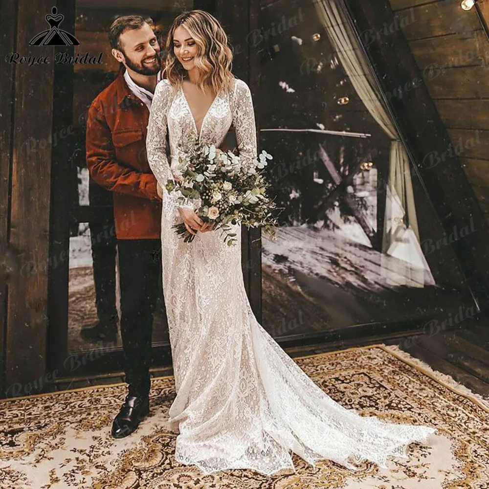 

Rustic Long Sleeves Boho Floral Lace Plunging Wedding Dress Outdoor Elopement Custom Made Bridal Gown Open Back Roycebridal 2023