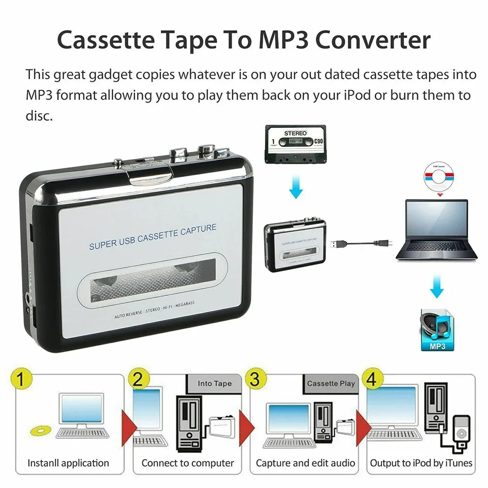 Portable USB Cassette Player to MP3 Converter Tape Audio Capture Recorder Digital Music Converter with Earphones Cable 3