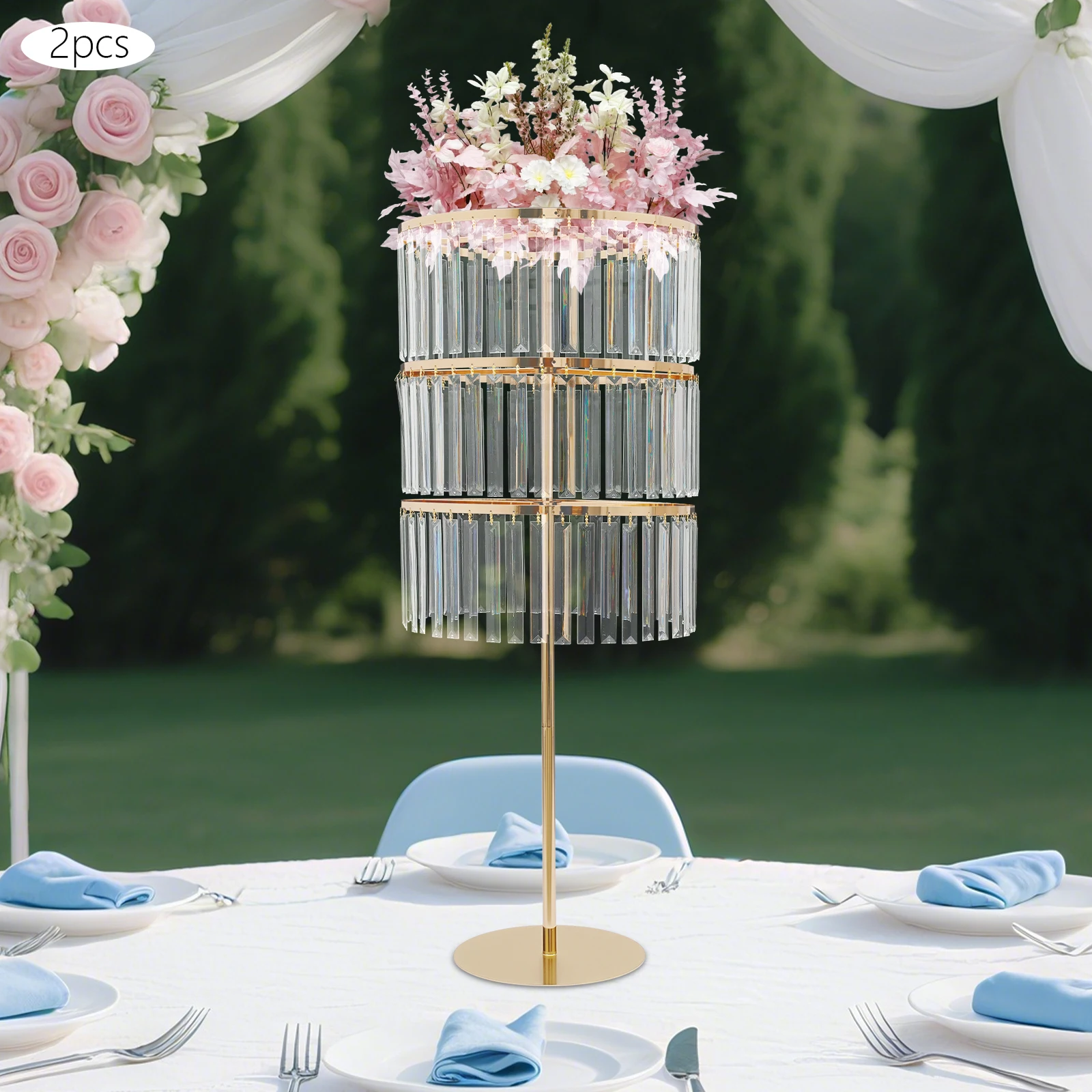 

Crystal Wedding Flower Stand, 3-Tier Crystal Bead Flower Stand, 2 Pcs Set in Gold Color, Elegant Wedding Centerpiece for Party