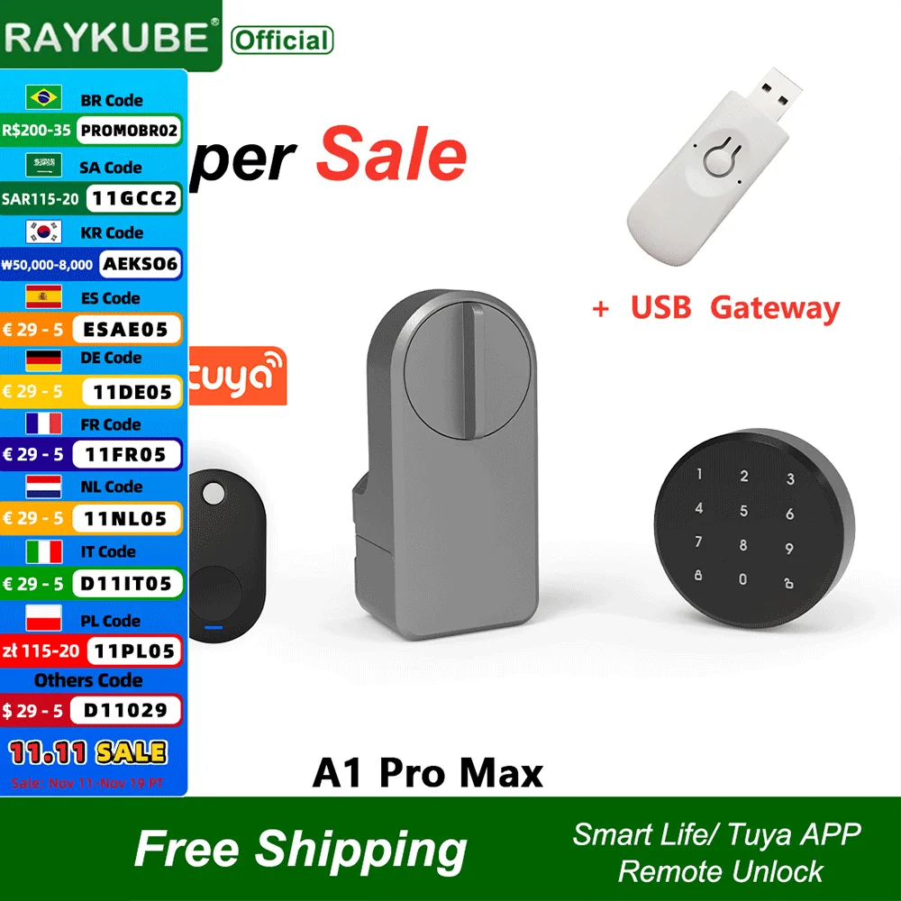raykube-a1-pro-tuya-bel-スマートドアロックセット-フォブ-キーパッド-スマートキー付き-tuya-リモートロック解除-alexa-google-アシスタントと連携