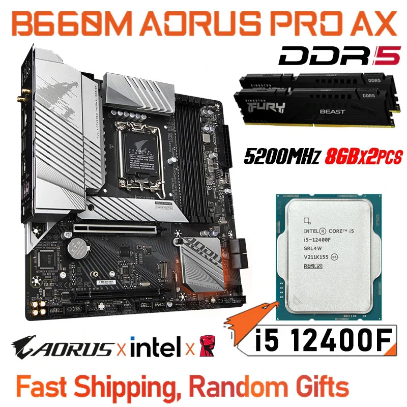 B660M AORUS PRO AX Gigabyte LGA1700 Motherboard + DDR5 5200MHz 8GB *2PCS + Intel i5 12400F Kit PCI-E 4.0 ATX Desktop Board NEW