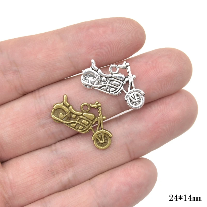 15pcs Wholesale Two Color Motorcycle Charms Zinc Alloy Metal Pendants For DIY Handmade Jewelry Accessories Making 24*14mm