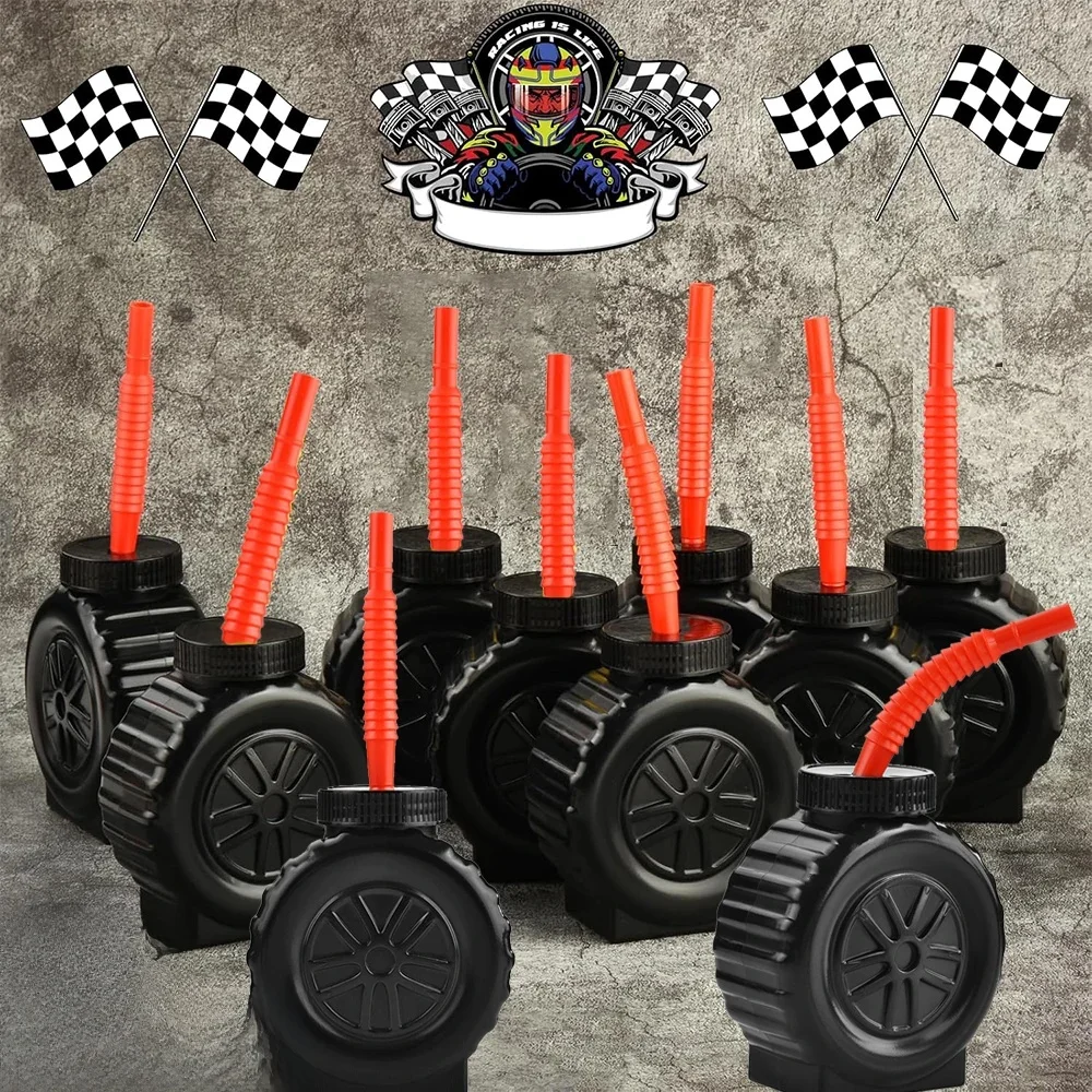 Gobelets noirs en forme de pneu pour fête de course, gobelets en plastique pour voiture de course avec paille rouge pour enfants, fournitures de décoration pour fête d'anniversaire