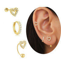 3Pcs Stainless Steel Zircon Heart Tiny Hoop Earrings Set For Women Small Huggie Stud Helix Cartilage Piercing Jewelry aretes