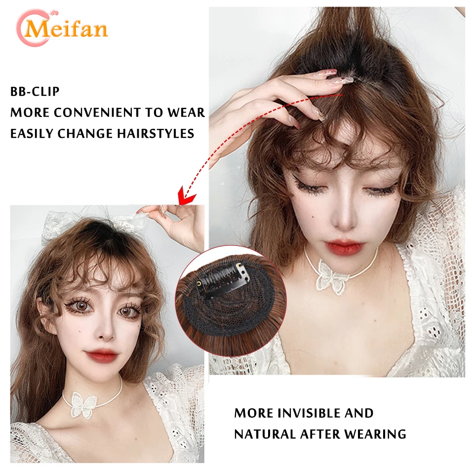 MEIFAN Synthetic Short Front Curly Bangs False Fringe Clip In Bangs Extensions Black Brown Side Natural Fake Bangs Hairpieces