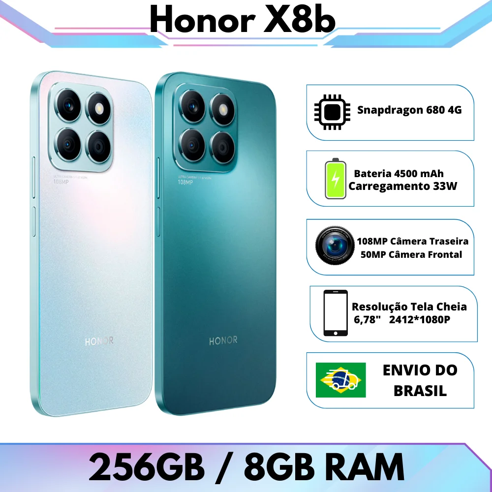 Honor X8b 4G 256GB ROM / 8GB RAM | Envio do Brasil | Smartphone 4G , Processador Snapdragon 680, Bateria 4500 mah