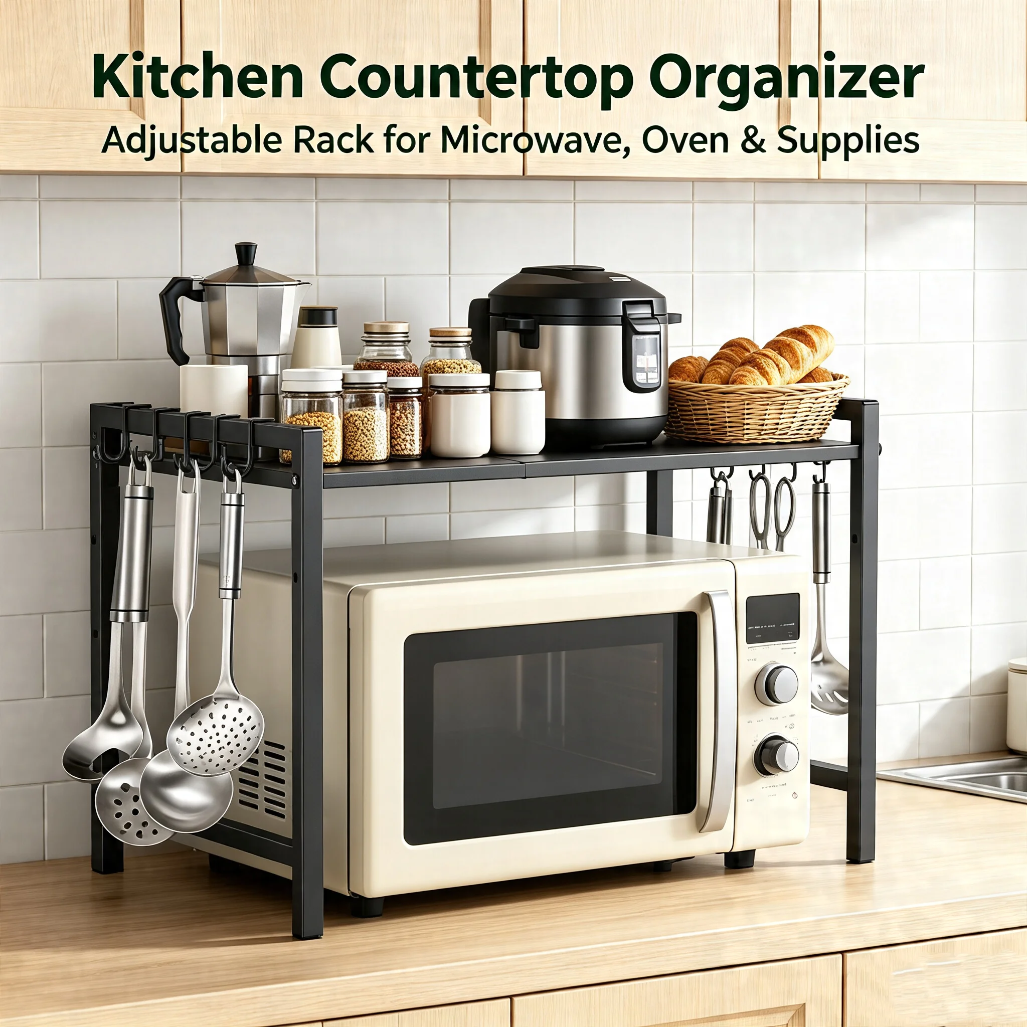 Mikrowellenregal-Organizer, Ofenregal aus Kohlenstoffstahl, erweiterbar 38–64 cm, Küchenaufbewahrung mit 6 Haken für Küchenarbeitsplatten-Organizer – Detail 11
