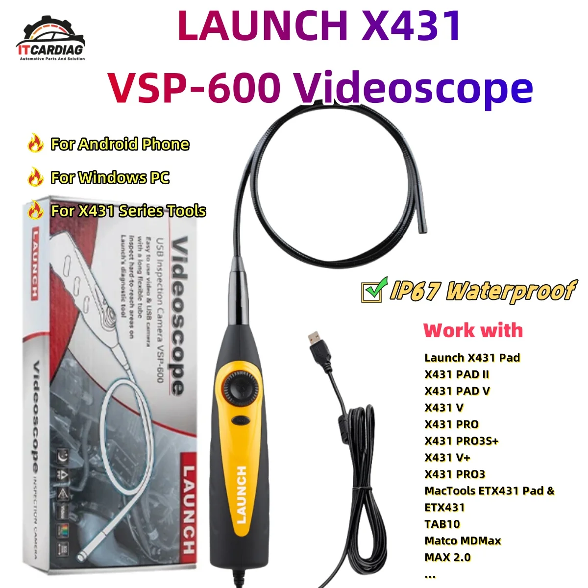 Launch X431 VSP-600 VSP600 Videoscope Camera Endoscope HD IP67 Adjustable LED Lights Borescope Mirco USB Type-C for X431 Tools