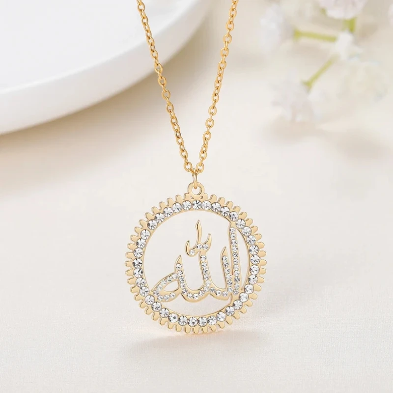 

High End Diamond Arab Muslim Allah Necklace 18K Gold Plated Holiday Pendant Stainless Steel Eid Jewelry Saudi National Day Gift