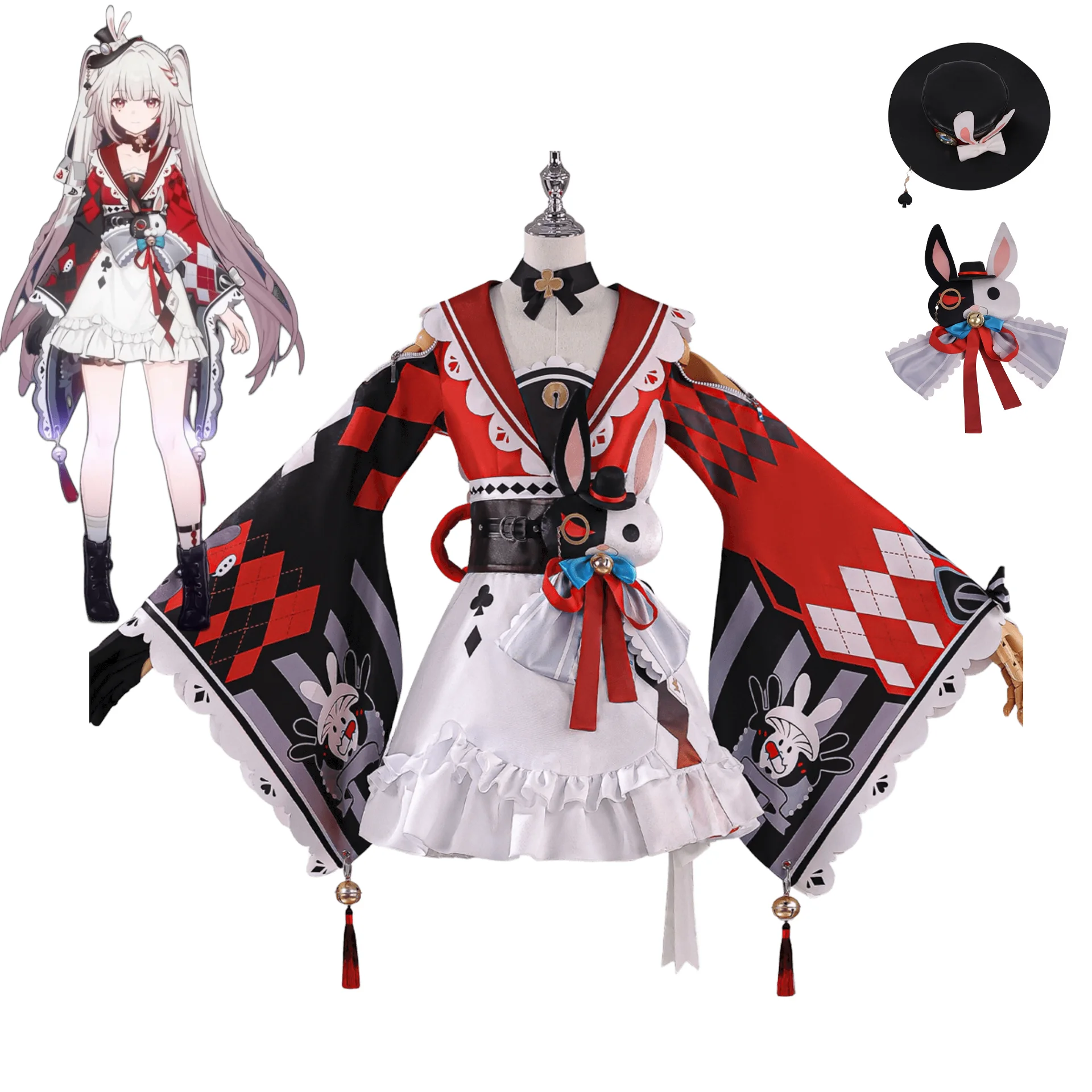 

Honkai Star Rail Sparxie Cosplay Costume, Kimono Lolita Dress with Hat Rabbit Accessories, Cyber Edo Style Women Carnival Party
