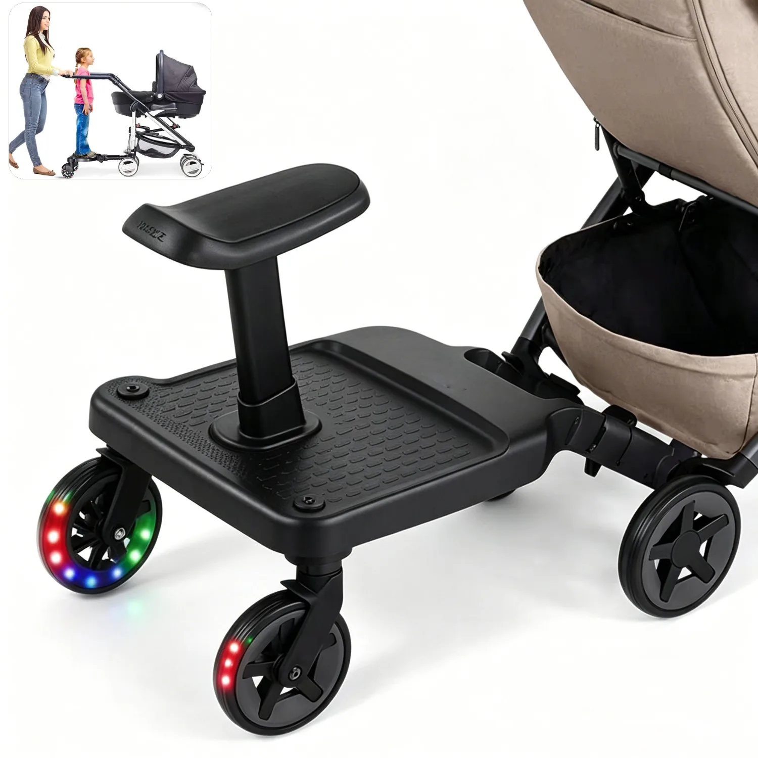 Planche universelle pour poussette avec siège, adaptateur de marchepied pour poussettes, planches pour enfants d'extérieur avec 2 roues lumineuses à LED, capacité de 55 lb pour enfants