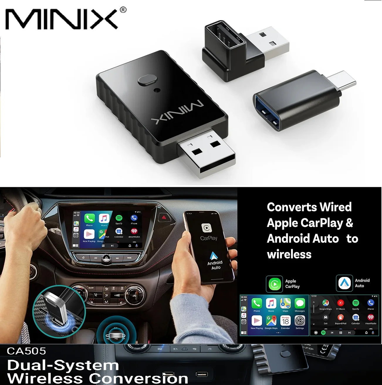 MINIX CA505 Wired to Wireless CarPlay Adapter & Android Auto, WiFi 6 Bluetooth 5.4 Plug & Play for iPhone Samsung Google Pixel