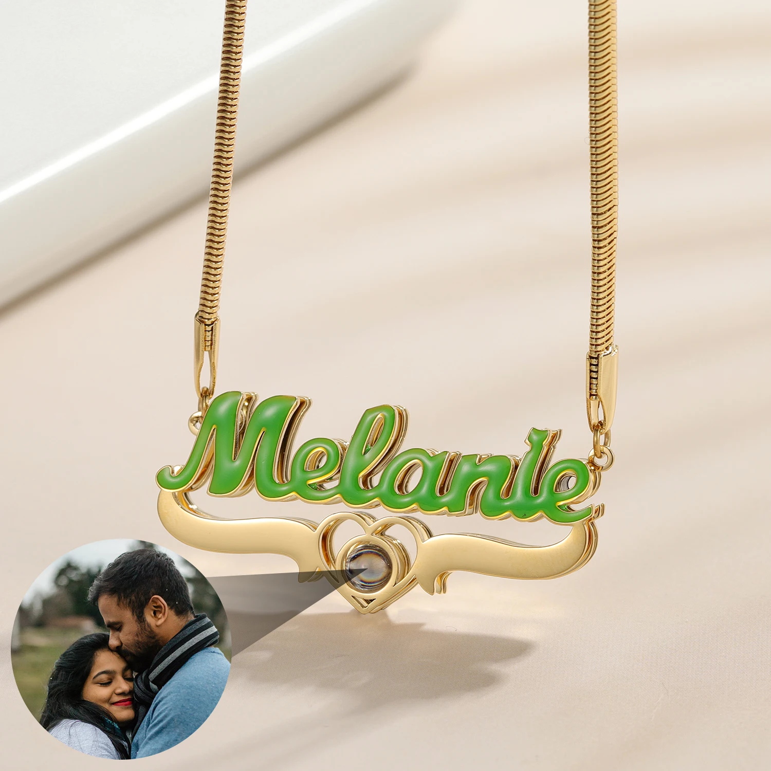 Personalized Projection Photo Necklace Custom Enamel Name Pendant With Heart Stainless Steel Snake Chain Nameplate Family Gifts