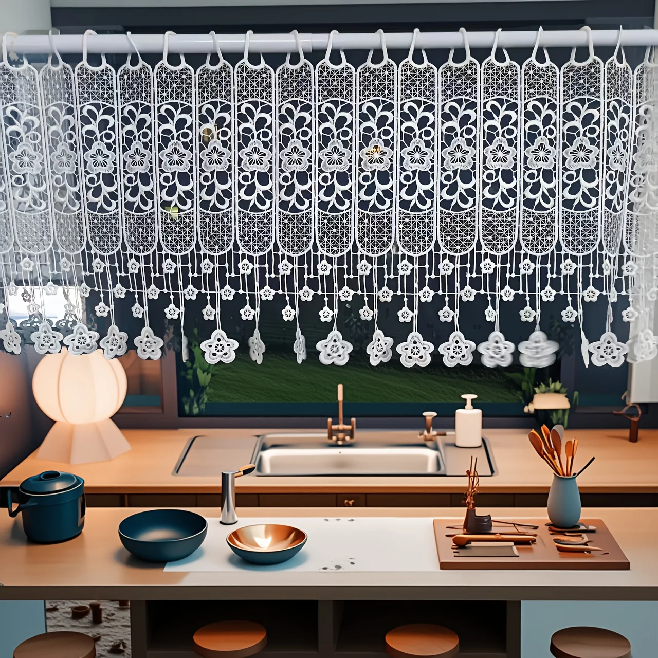 New European-Style White Lace Hollow-Out Short Curtains, Suitable for Bedrooms, Kitchens, Door Cabinets, and Shoe Racks as Dividers. Semi-Hanging Short Curtains Are Ideal for Party and Holiday Decorations Lace Kitchen