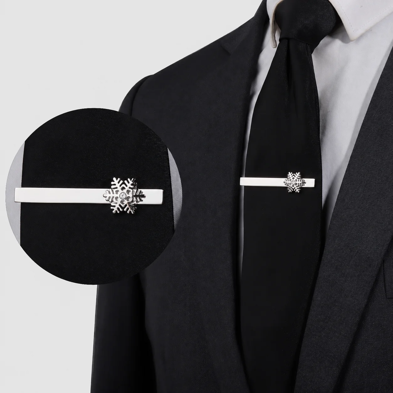 Men Snowflake Tie Clip 2.3 Inch Silver Crystal Tie Bar, Christmas Winter Necktie Pin, Formal Suit Accessory Gift for Men HAWSON