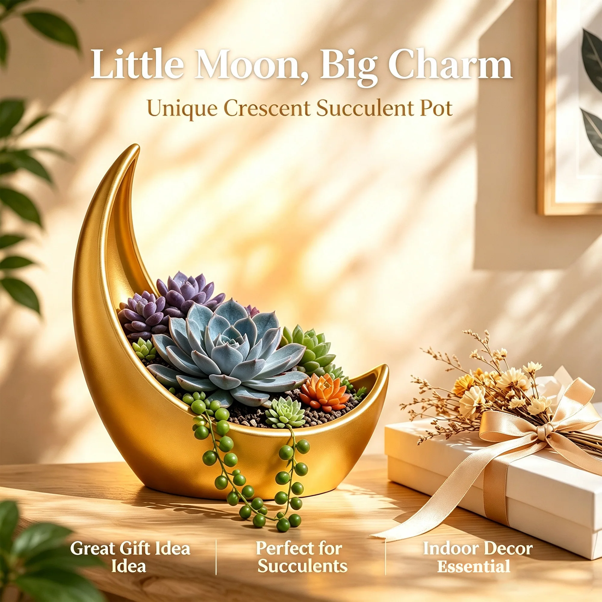 Golden Crescent Moon Succulent Planter Pot, Unique Moon‑Shaped Flower Pot with Drainage Hole, Decorative Plant Container for Indoor Outdoor Home Tabletop Decor