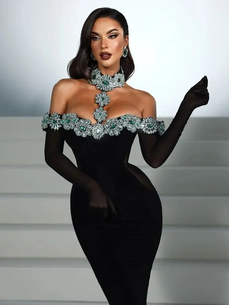 Ailigou 2024 New Women's Black Sexy Off Shoulder Luxury Diamond Tight Long Bandage Dress Elegant Ball Evening Dress