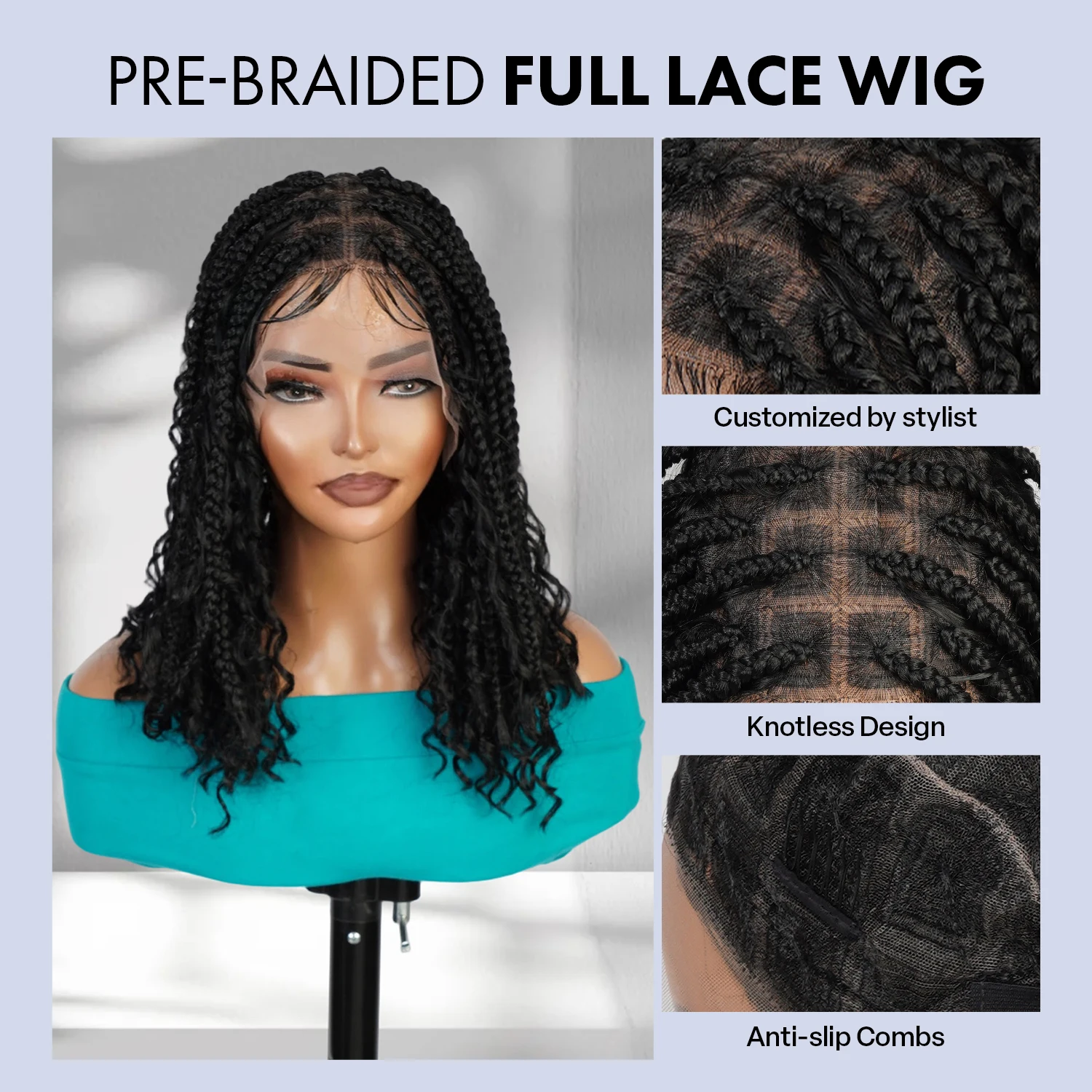 Authentic Glueless Full Lace Braided Wig Medium Knotless Boho Box Braid Spiral Curl Bob 1B 12" BW Unit9