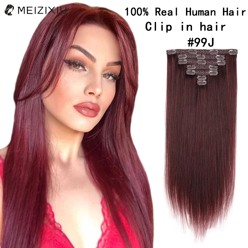 7Pcs 99J Clip In Hair Extensions Remy Hair Clip-On HairPiece Extension Straight Clip In Human Hair Extensions For Women Burgundy