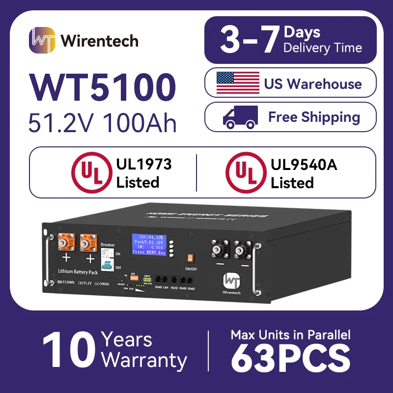 Wirentech 48V 100AH Lithium Battery UL1973 & UL9540A & CEC Lifepo4 Sever Rack Battery With CAN RS232 RS485 Free Shipping