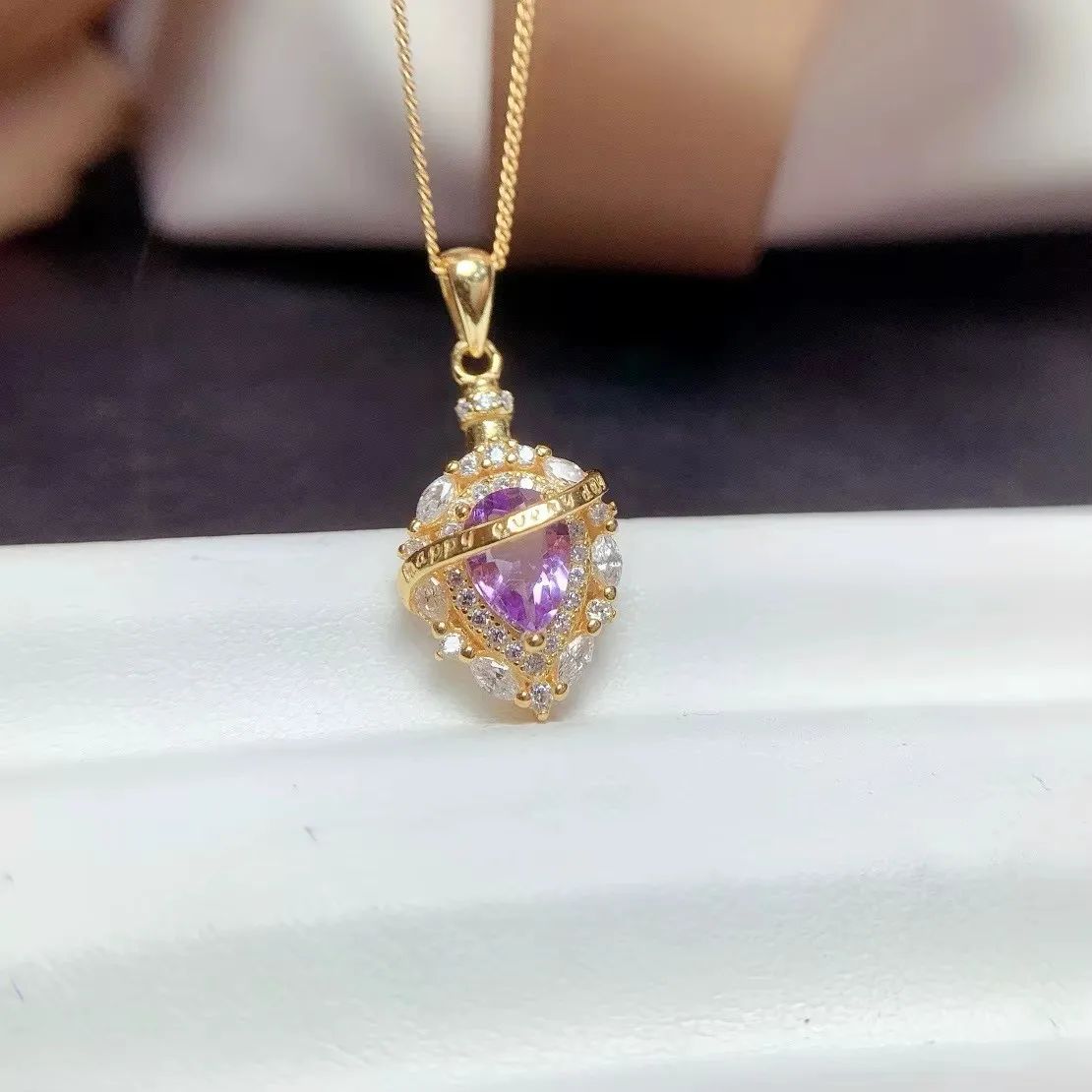 Jewelry Girls' Natural 5x7mm Amethyst Necklace Pendant 925 Pure Silver Plated 18K Gold Christmas Gift for Girlfriend Wedding