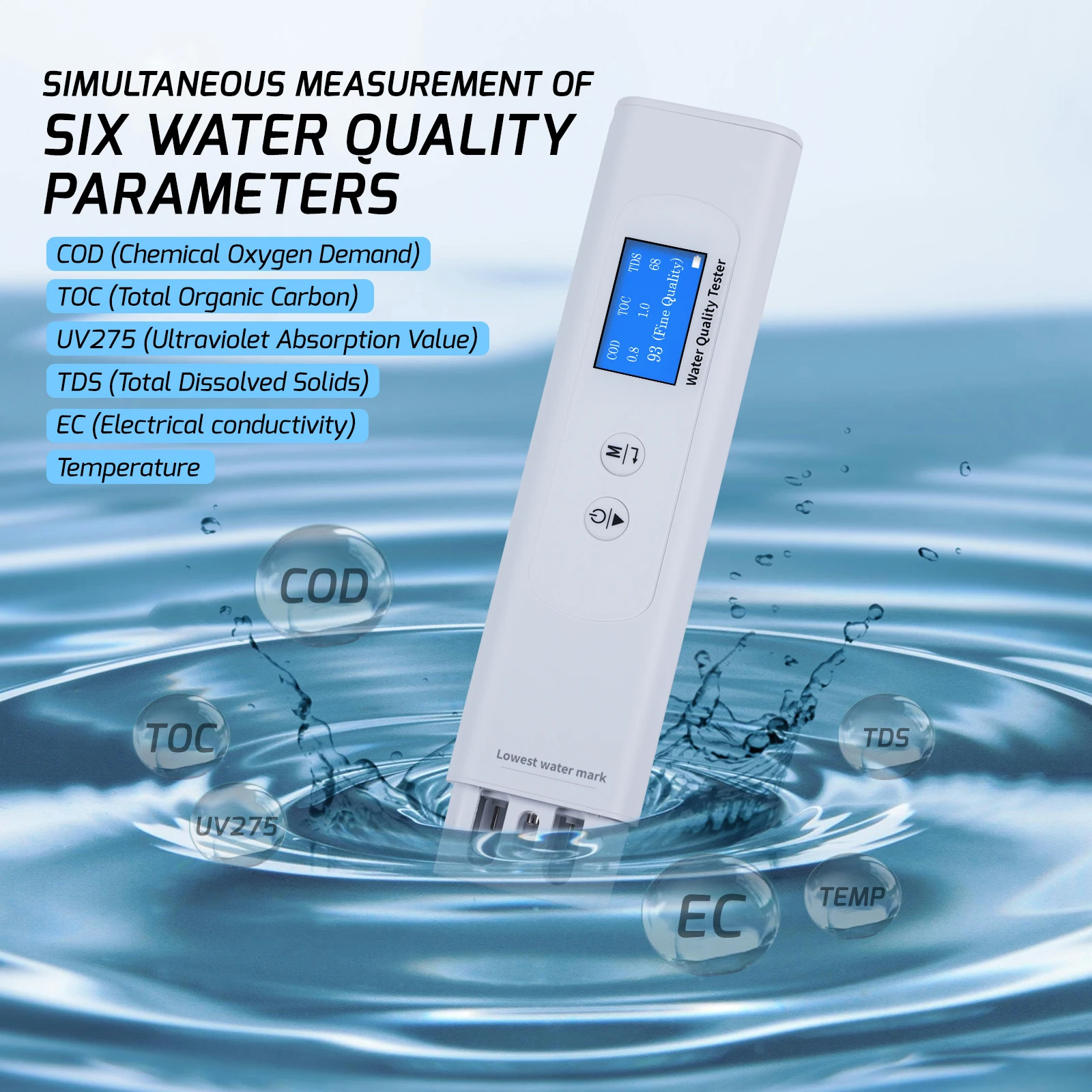 6 in 1 Tds Meter TOC UV275 EC COD Temperature Meter For Drinking Water Aquarium Hydroponics Digital Water Quality Tester