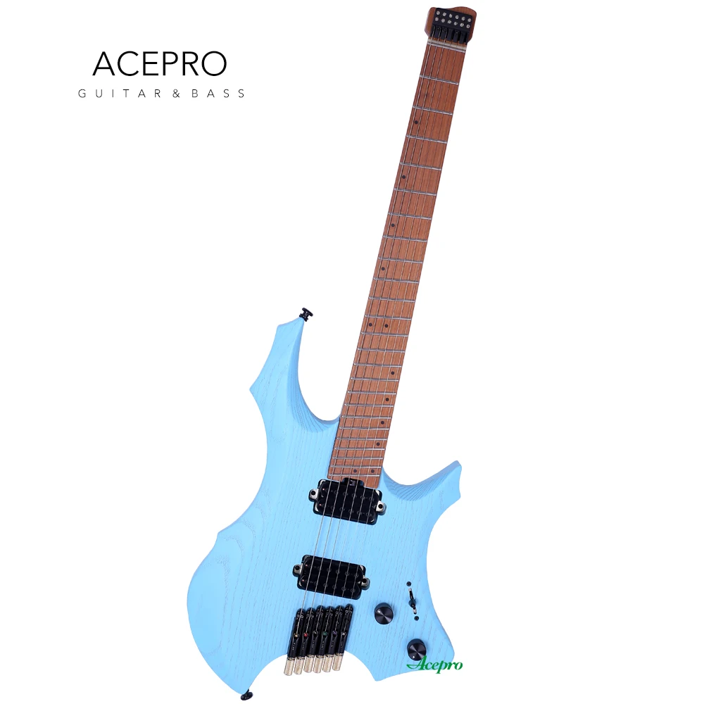 New Arrival Headless Electric Guitar, Satin Blue Ash Body Roasted Maple, Jumbo Stainless Steel Oblique Frets, Color Customizable