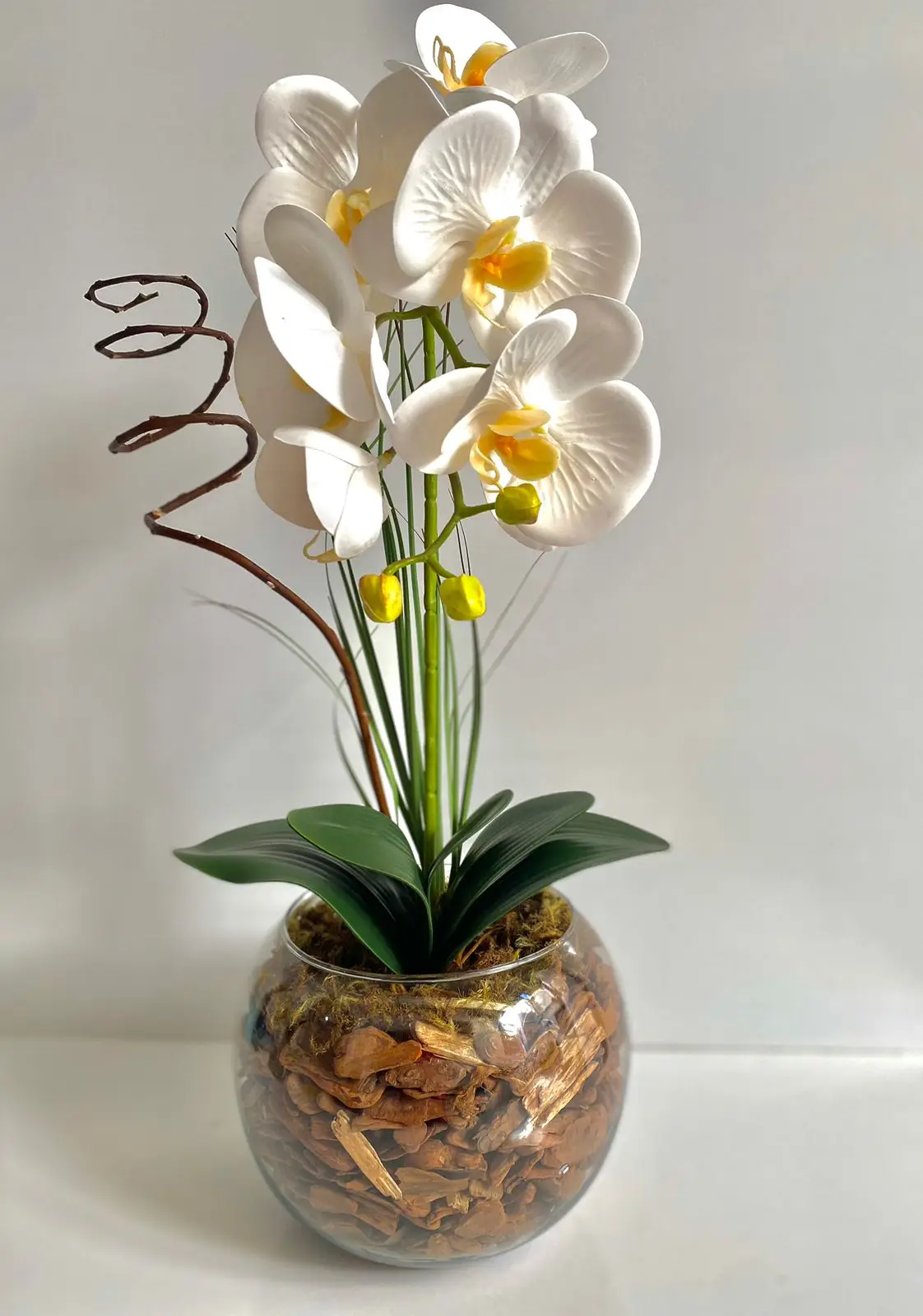 Realistic 3D Artificial White Orchid Full Arrangement In Glass Var With Gravels