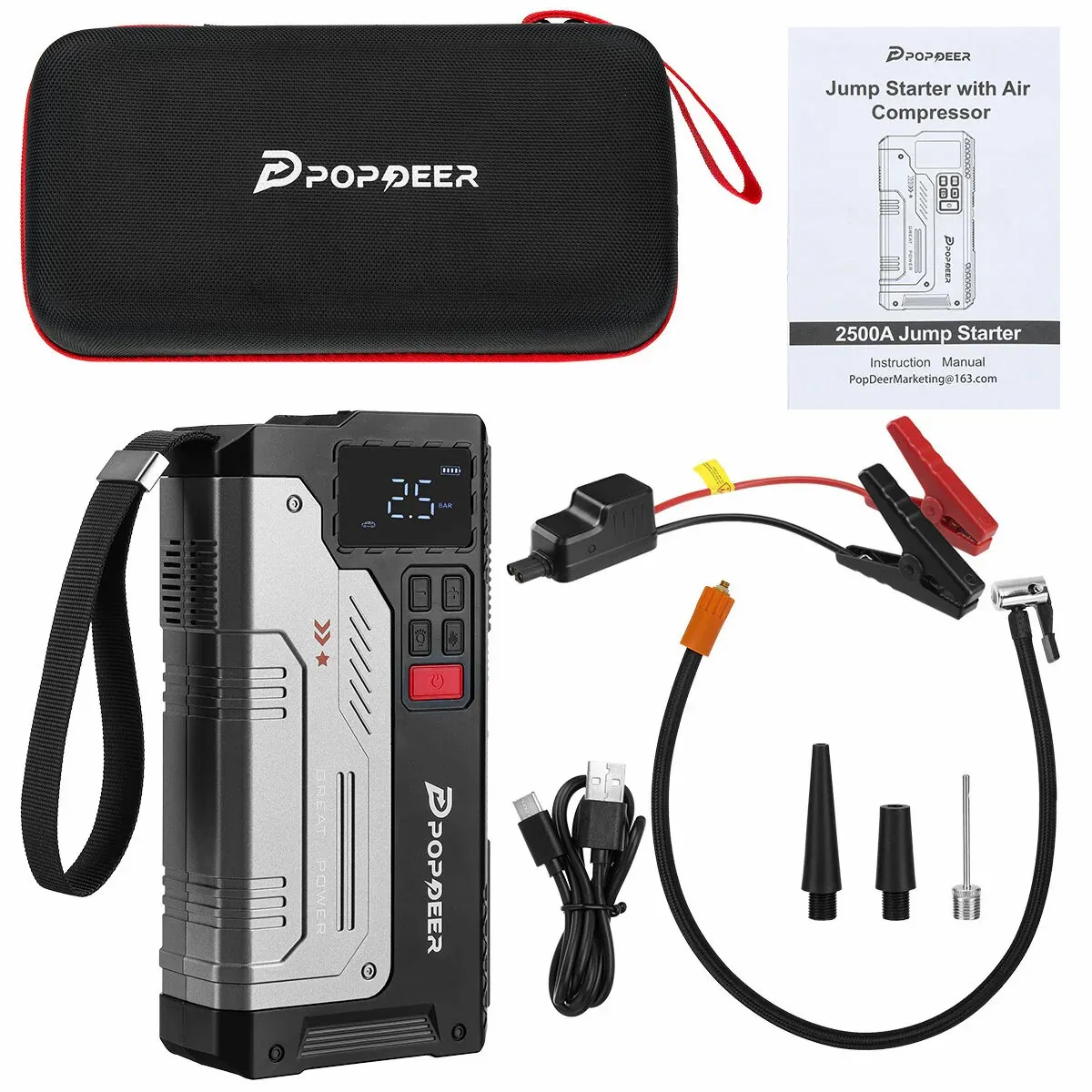 POPDEER PD-JA1 5000A Tragbarer Auto-Starthilfegerät mit Luftkompressor – für 12V Autos, SUVs, Vans & leichte LKWs